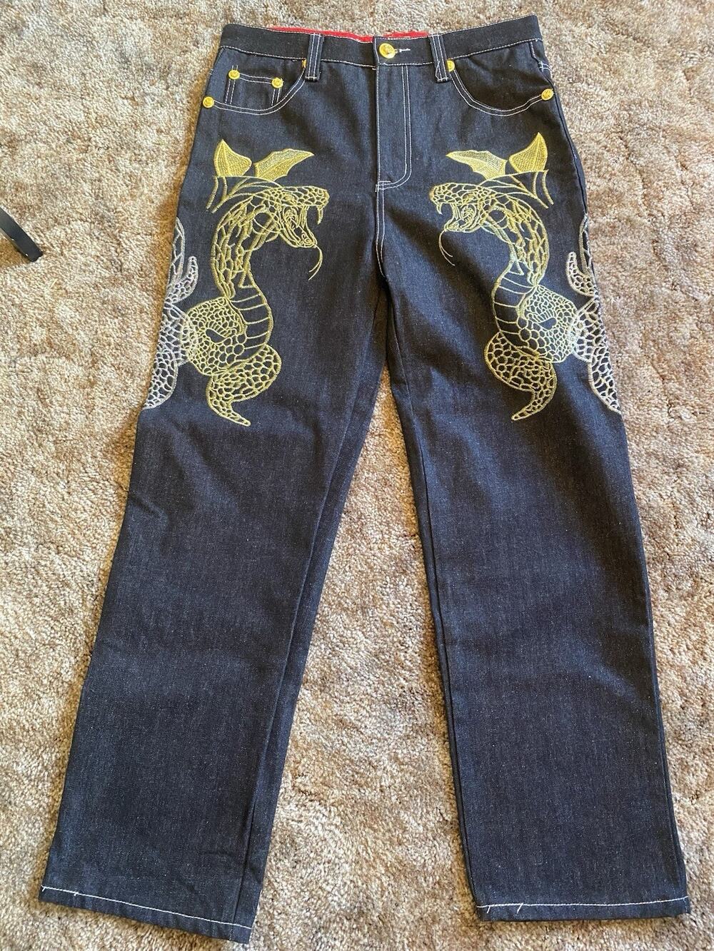 Crown Holder Men's Black Dark Wash Denim Jeans Embroidered Dragon Straight 36
